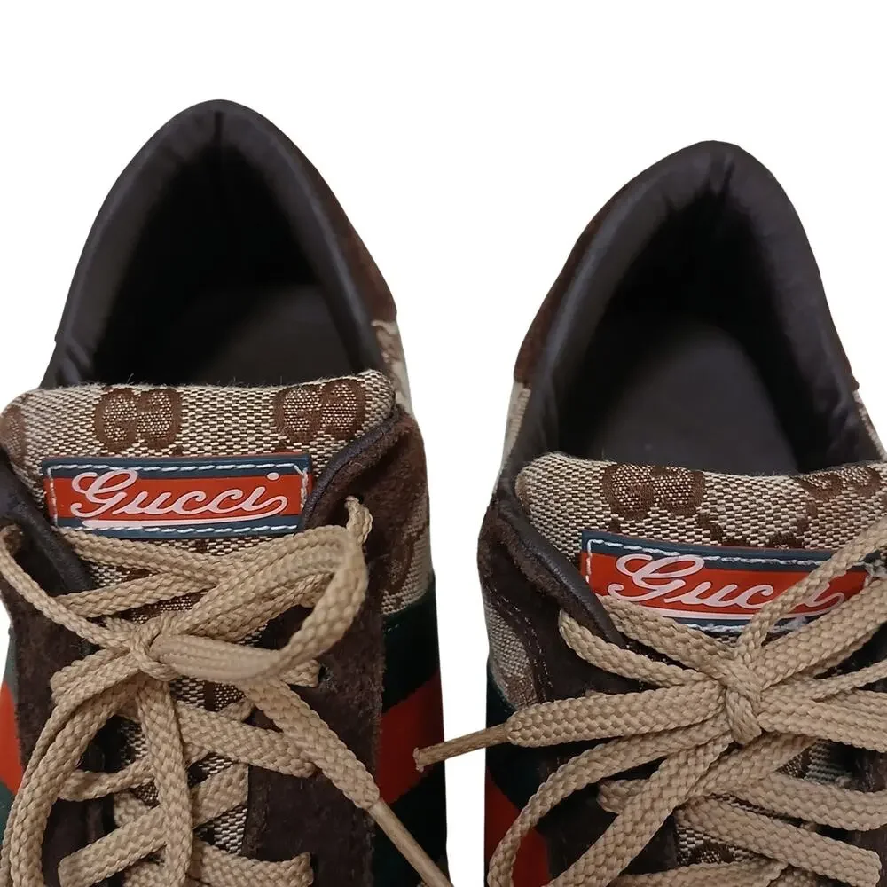 Gucci Web Detail Trainers Men 9.5 GG Canvas Suede Brown Tan Logo w‎ BOX AND Card